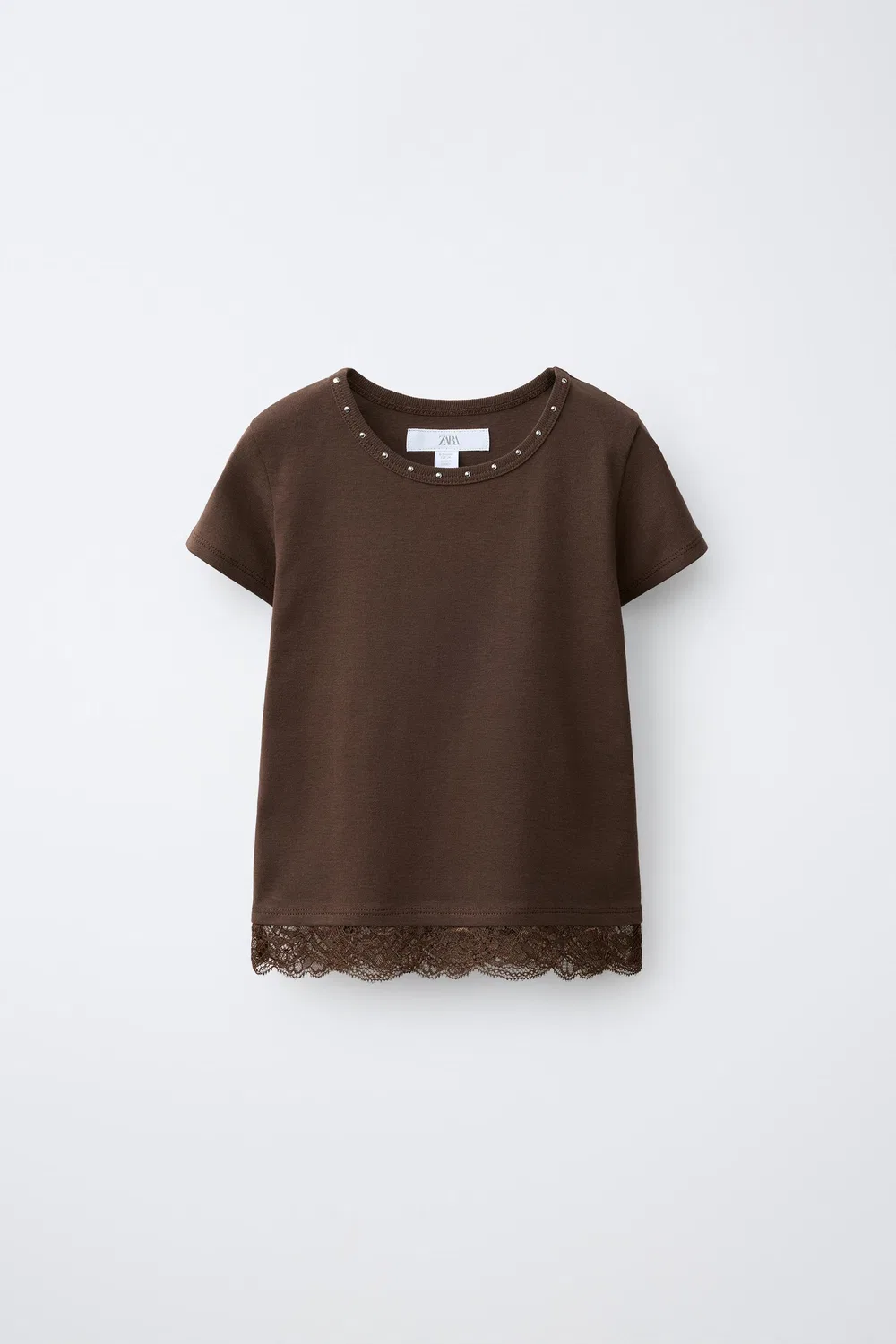 Футболка с кружевной отделкой и заклепками ZARA, Brown