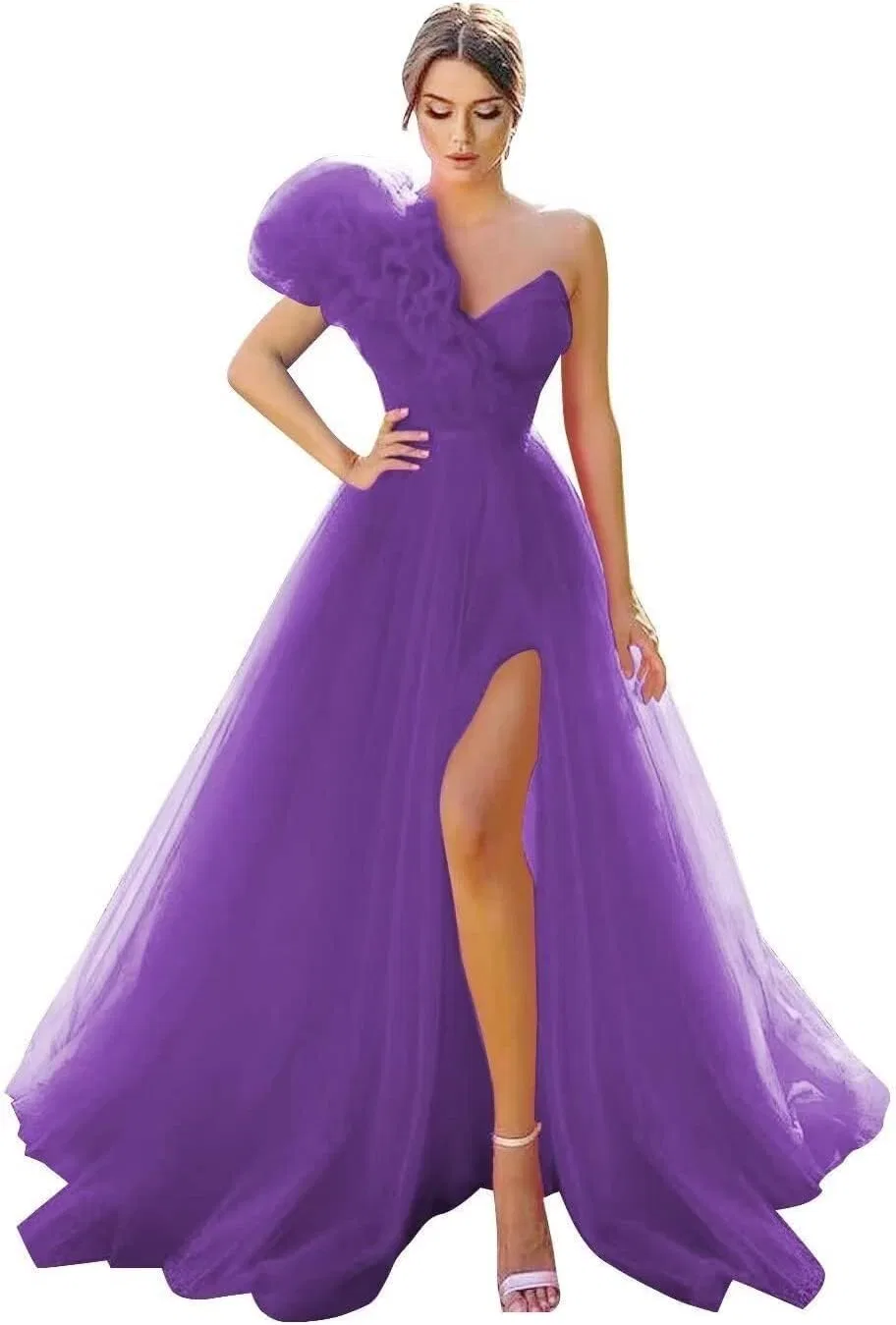 Вечернее платье с одним плечом из тюля с разрезом LA25, Purple