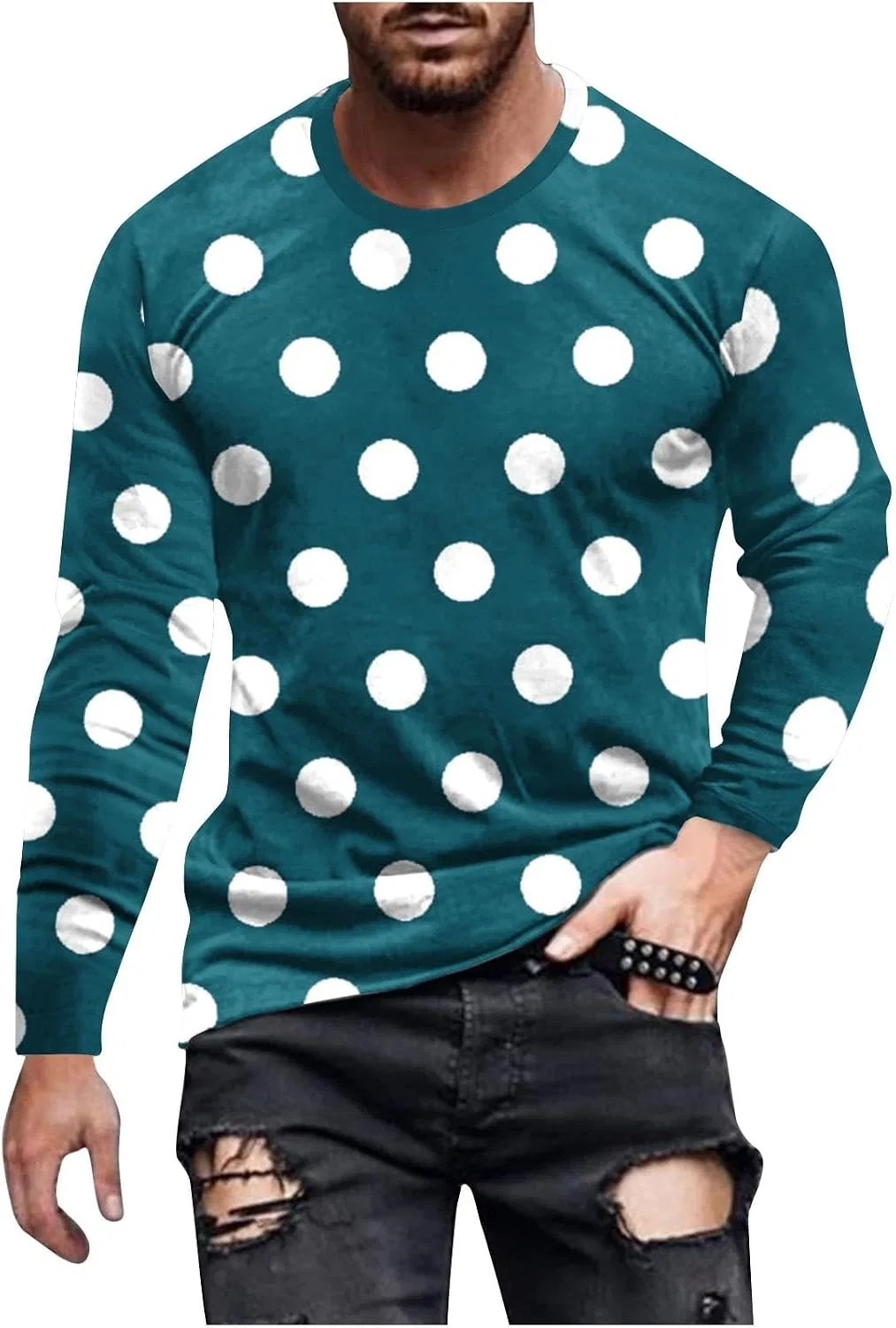Мужская футболка с длинным рукавом в горошек, Mint Green