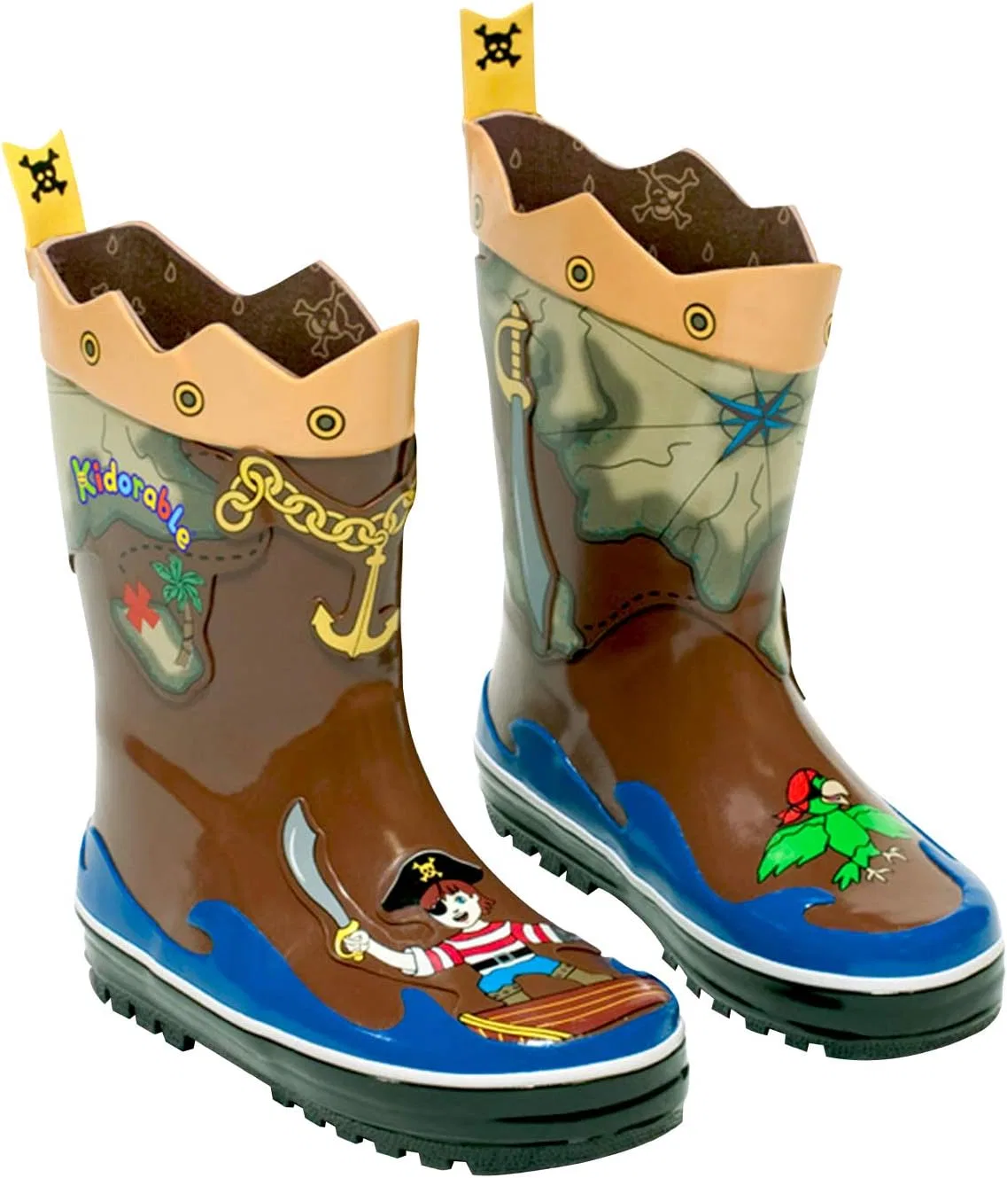 Детские резиновые сапоги с принтом Kidorable Pirate Brown Rubber Rain Boots With Fun Crossbones Pull On Heel Tab, Brown