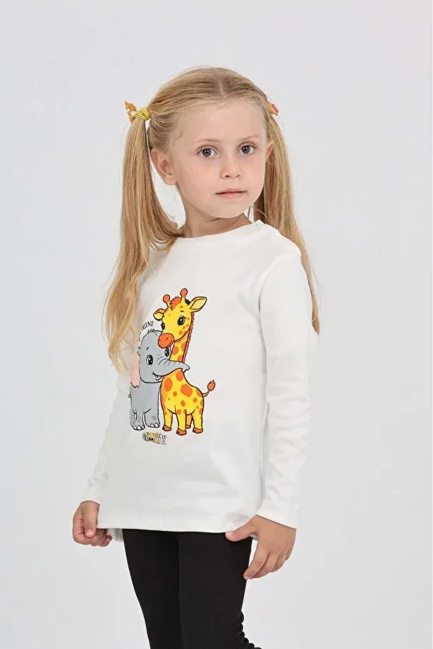 Детские свитшот для девочек с принтом Giraffe Elephant Toontoy, Ecru — фото 3