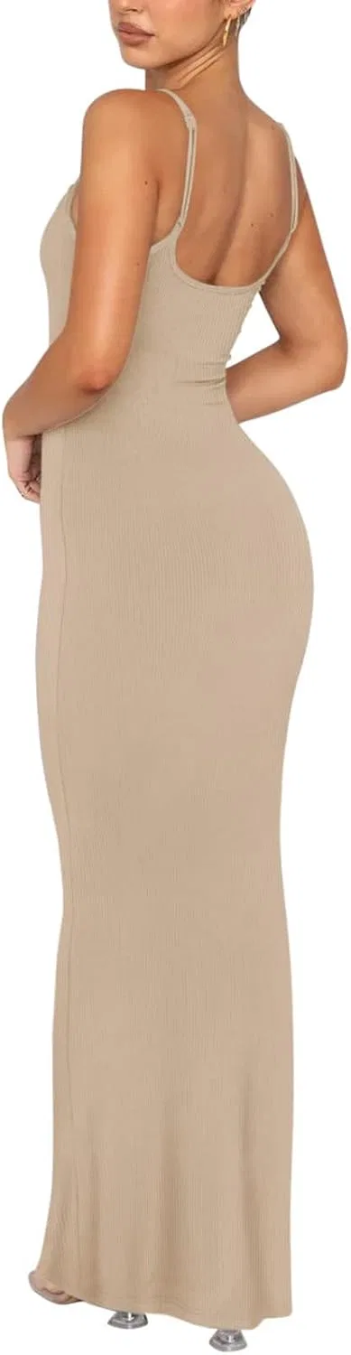 Женское длинное платье-комбинация без рукавов Bodycon, Khaki — фото 3