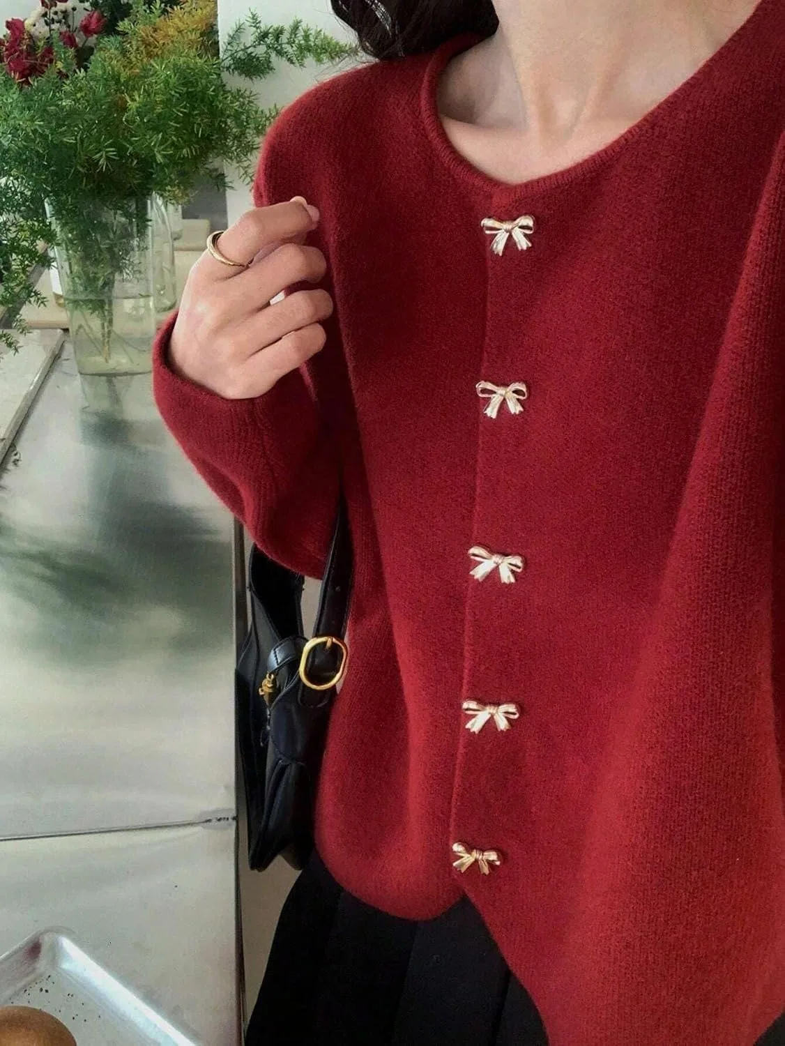 Женский кардиган свободного кроя с пуговицами, модель Elegant Loose, красный — фото 3