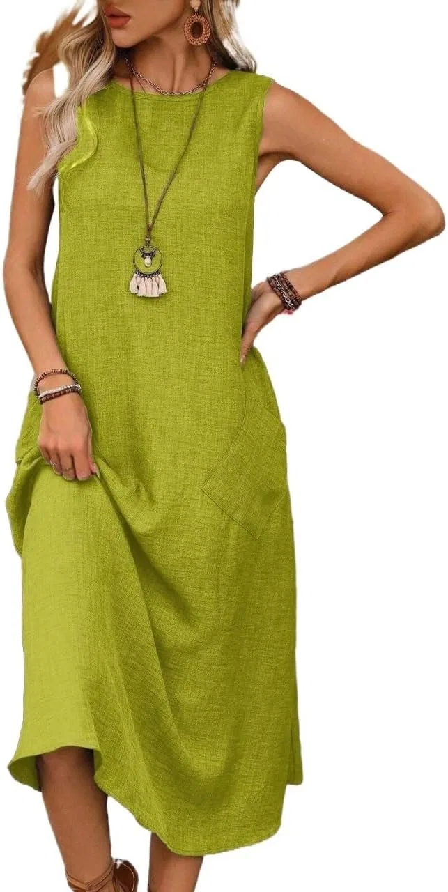 Женское летнее платье без рукавов с карманами Casual, Green