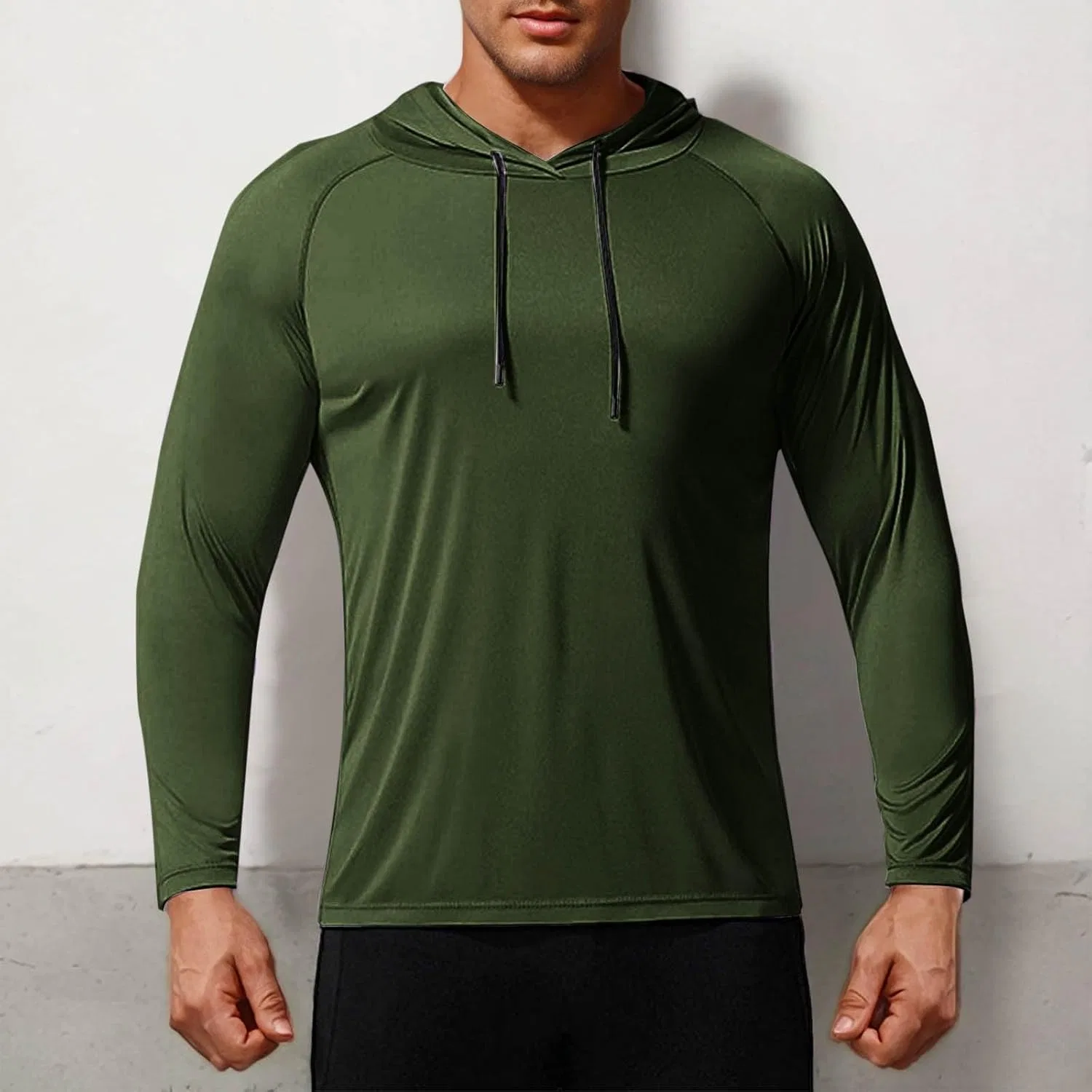 Футболка с длинным рукавом, солнцезащитная, Dry Fit, с капюшоном, хлопковая, Army Green — фото 2