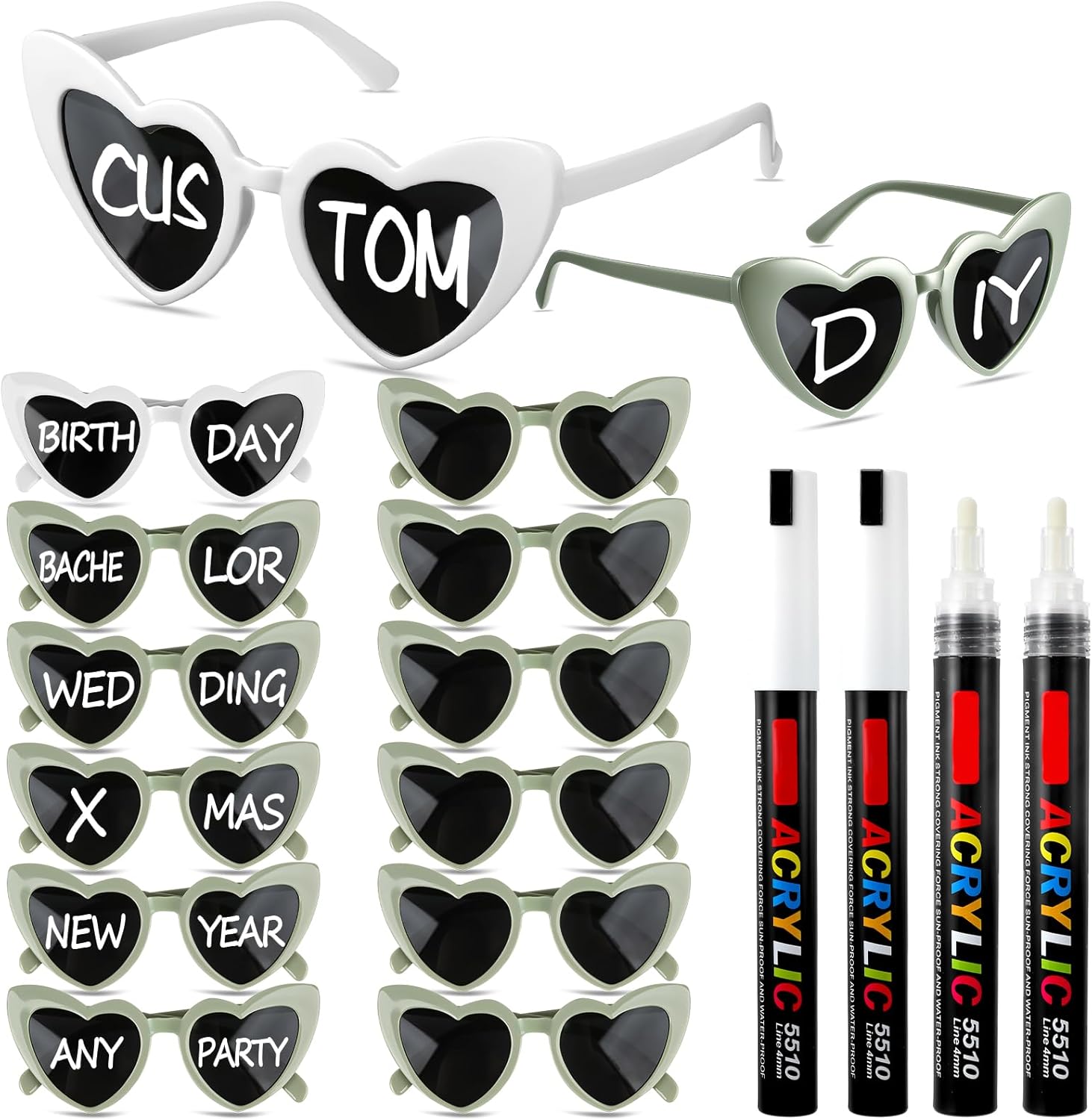

Персонализированные солнцезащитные очки в форме сердца от Flutesan. Набор очков в форме сердца с маркерами для самостоятельного изготовления свадебных сувениров, Green and White