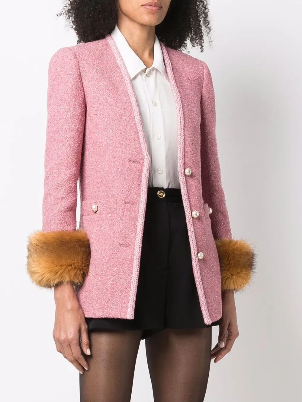Приталенный жакет с отделкой из искусственного меха Saint Laurent, розовый — фото 3