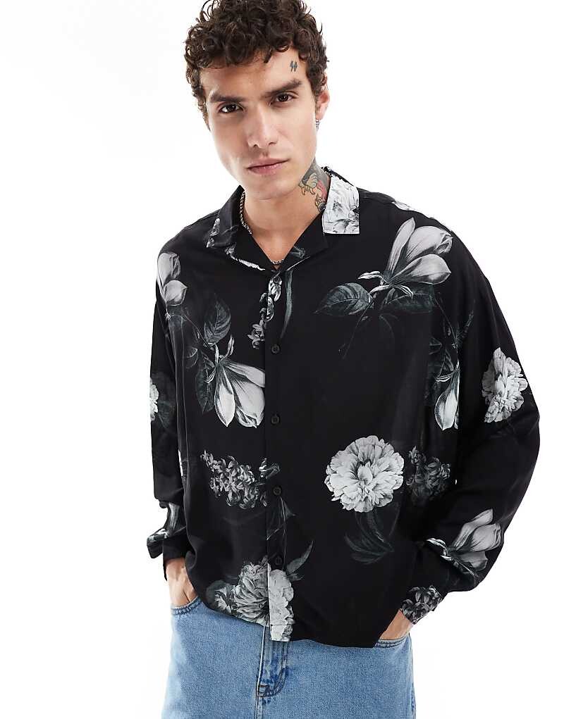 

Черная рубашка свободного кроя с цветочным принтом ASOS DESIGN