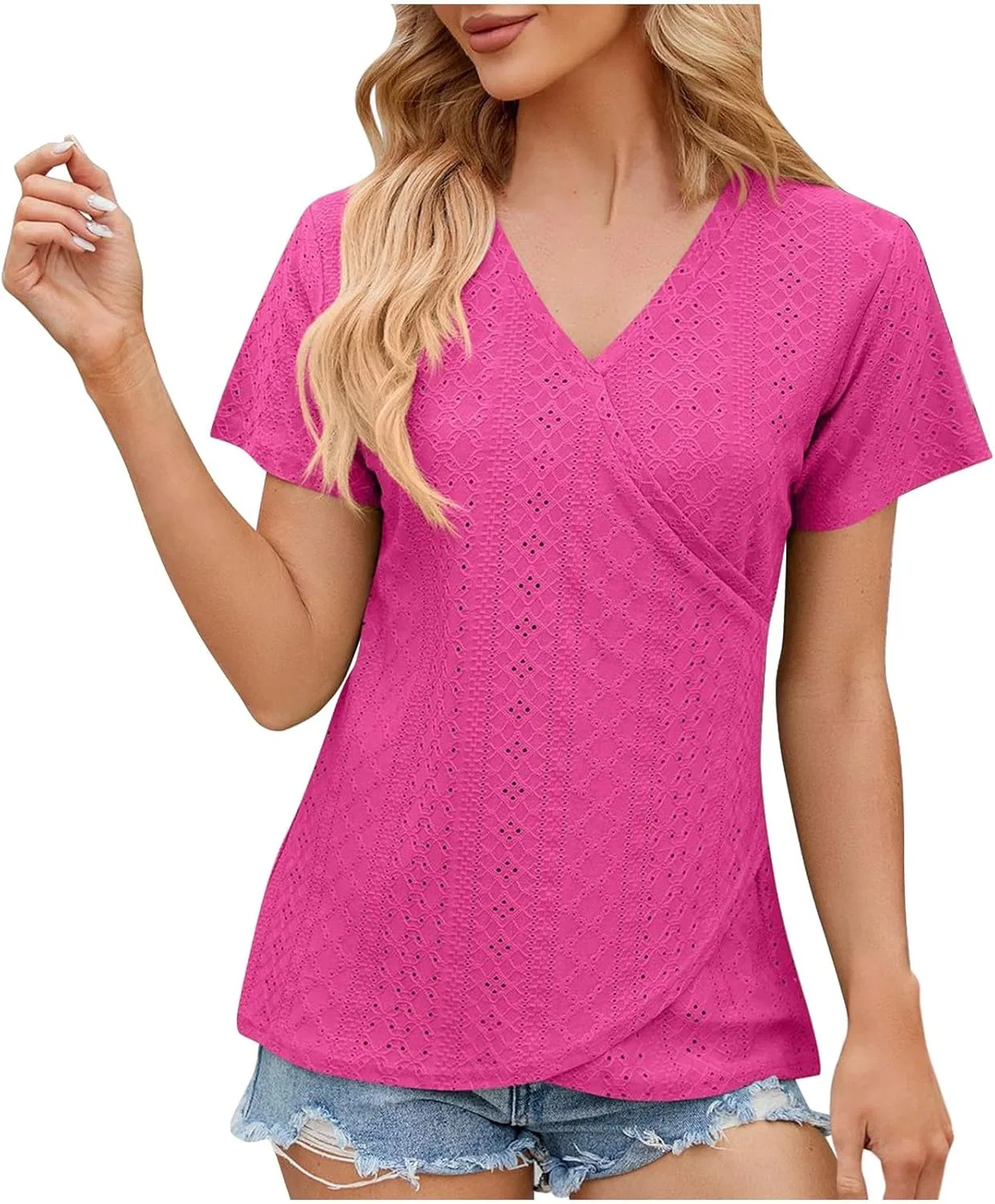 Блуза с вырезами, короткий рукав, V-образный вырез, Hot Pink