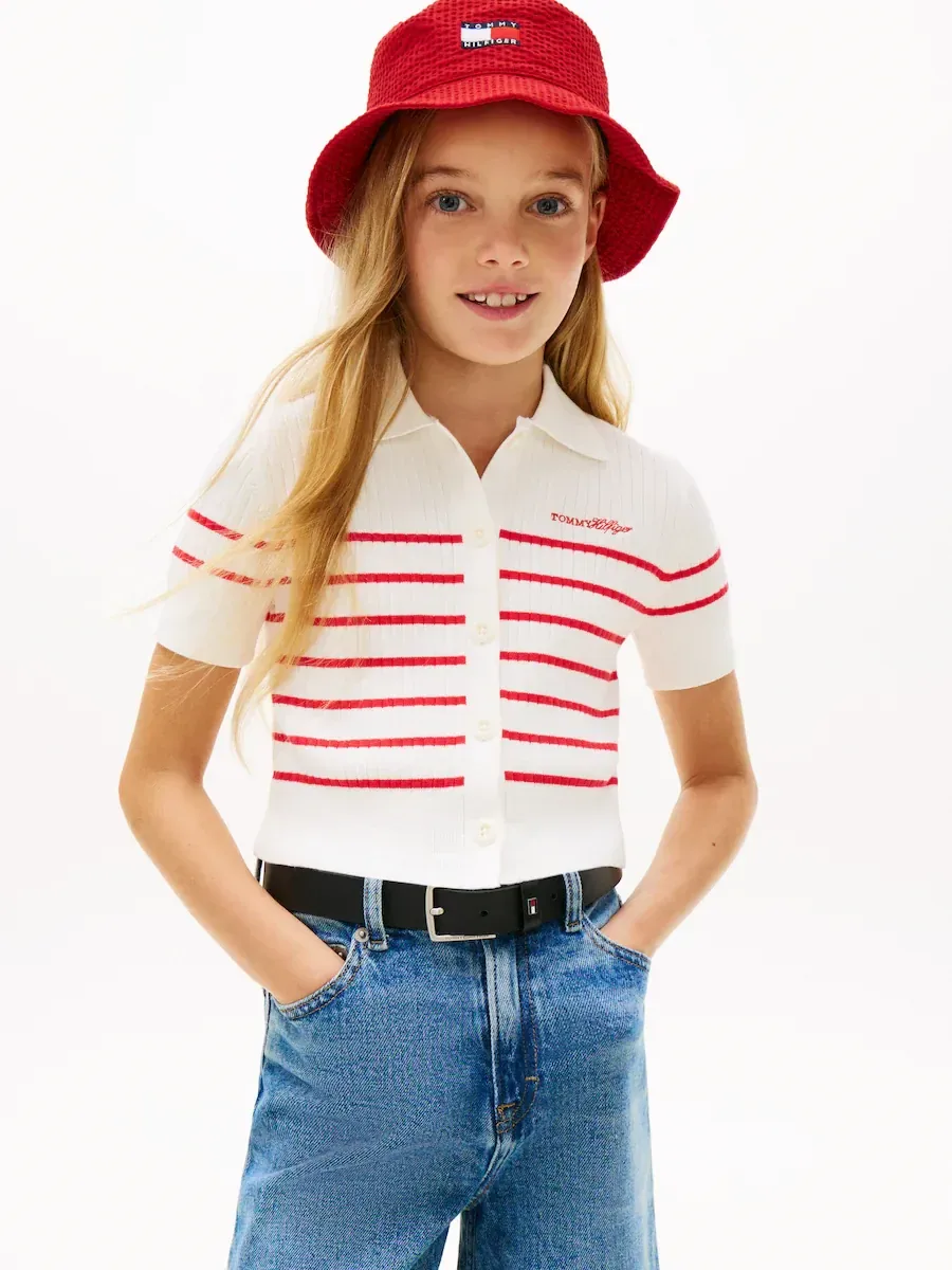 Вязаная рубашка-поло для девочки с рельефной резинкой Tommy Hilfiger, розовый