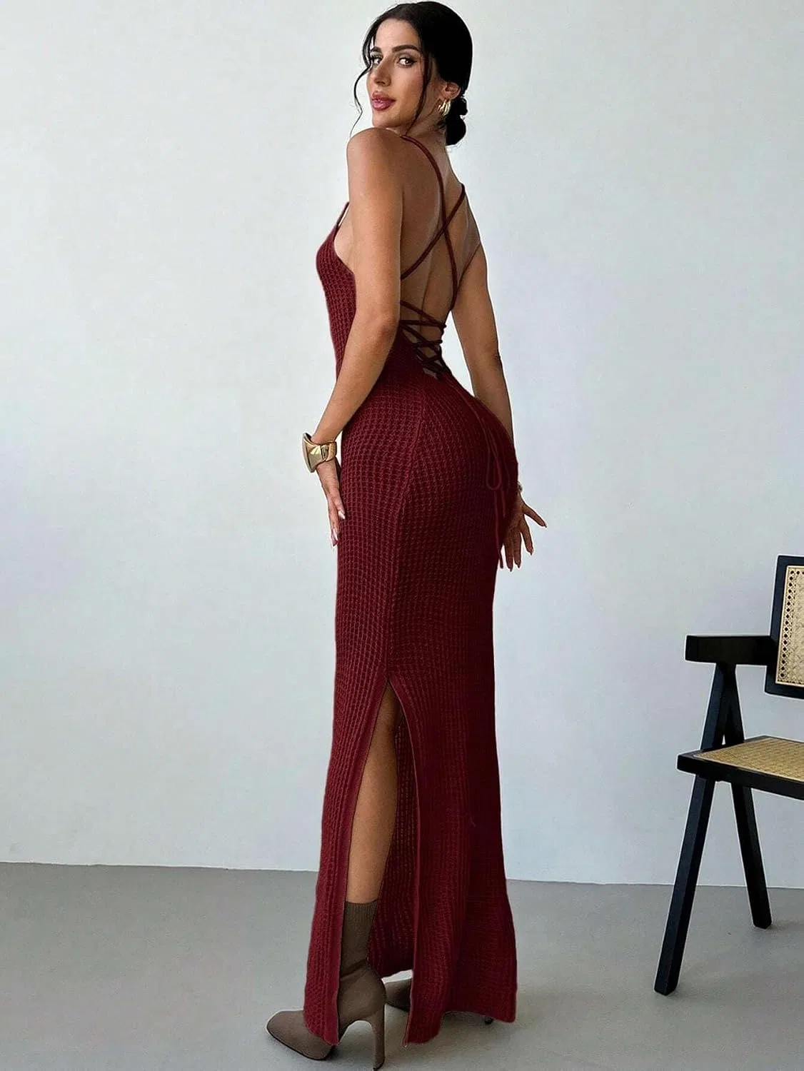Женское сексуальное платье миди с разрезом Knit, Burgundy — фото 4