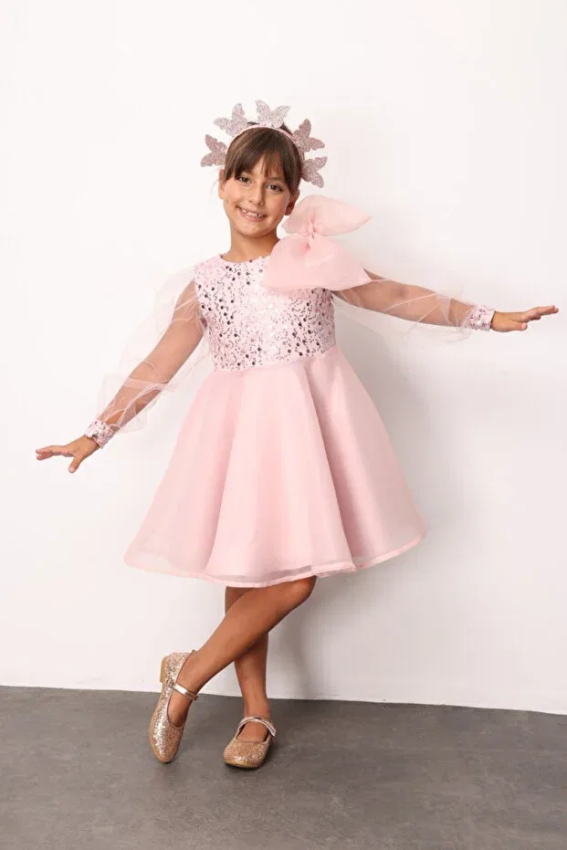Детское платье для девочек с пайетками Powder Bow Detailed Sequin Girls' Dress - Wendy Le Mabelle, Powder
