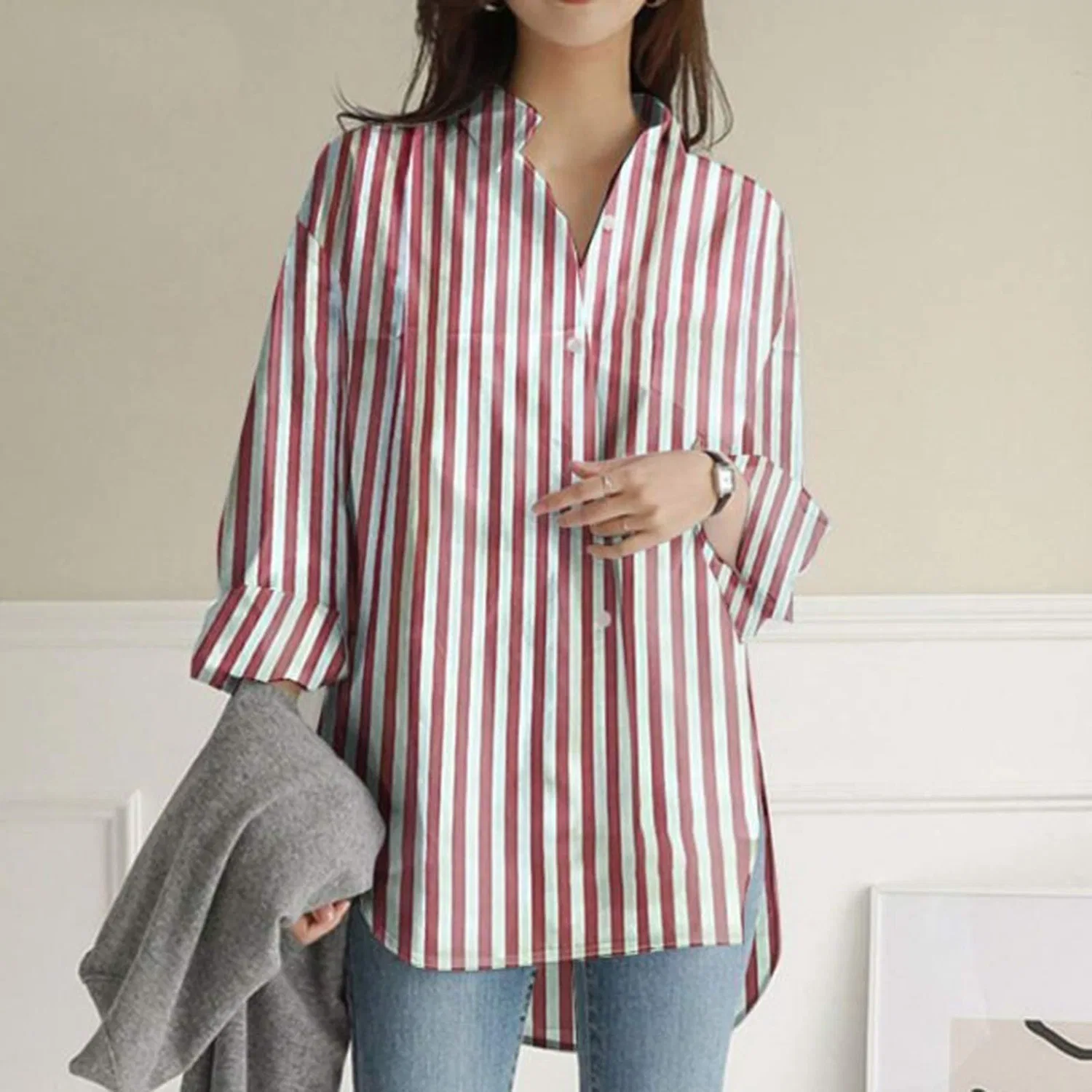 Женская блузка с длинным рукавом с боковыми разрезами Topko Plus Size, Red Stripes — фото 2
