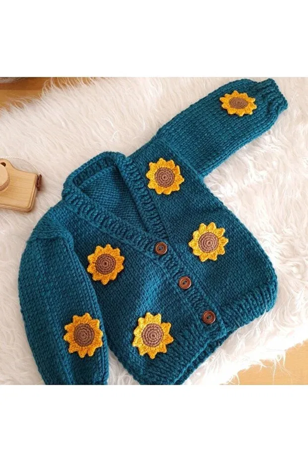 Детский кардиган с принтом Sunflower crop cardigan - hand knitted cardigan Kanguby, Oil Blue