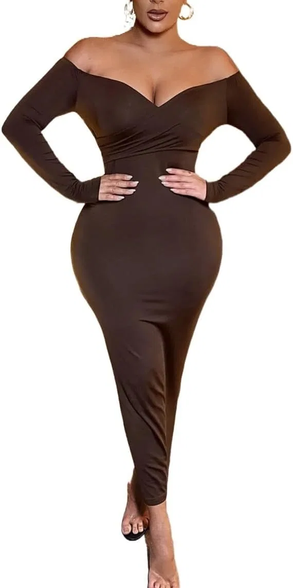 Женское длинное платье с открытыми плечами Bodycon, Chocolate Brown