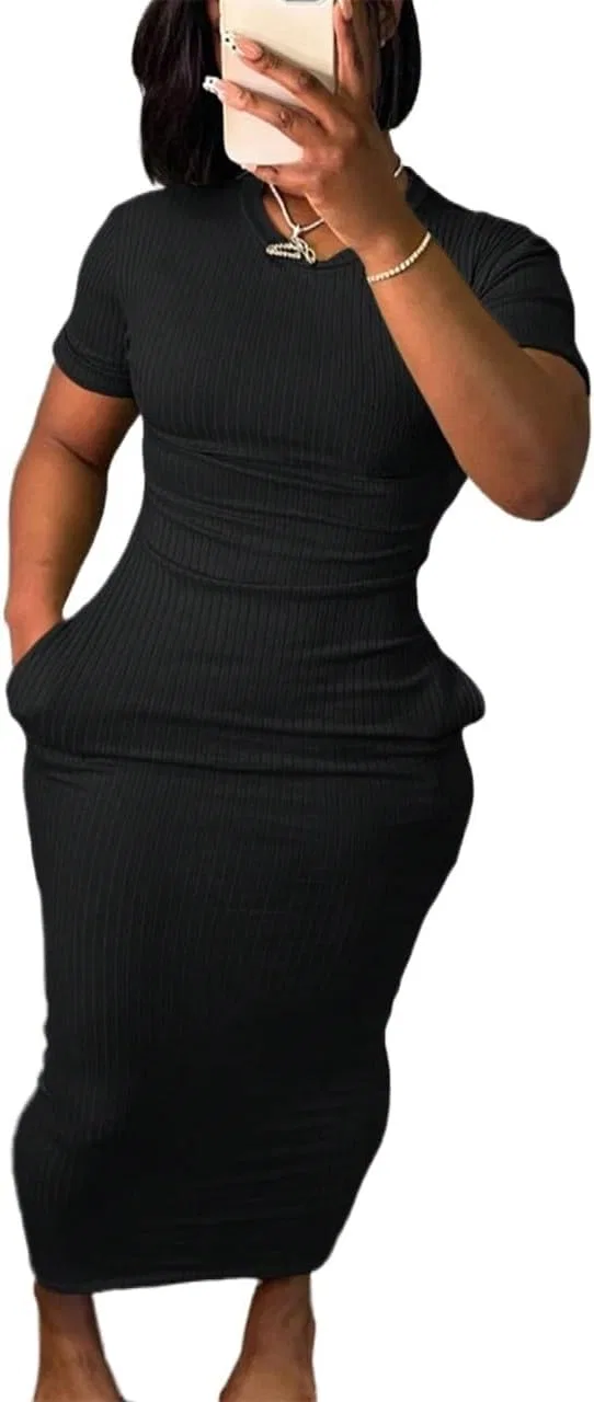 Женское облегающее миди-платье с коротким рукавом Rib Knit, Black