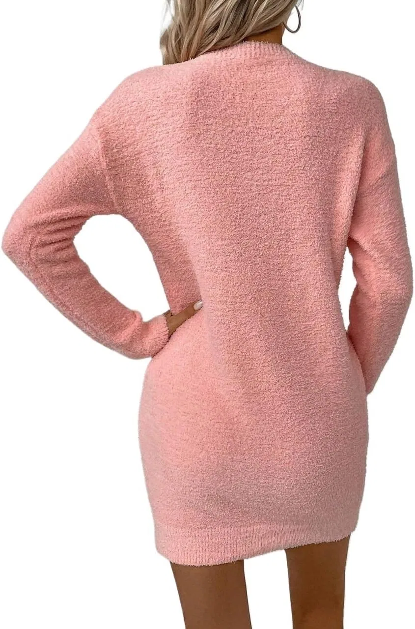 Женское платье-свитер с круглым вырезом и спущенным плечом, Coral Pink — фото 2