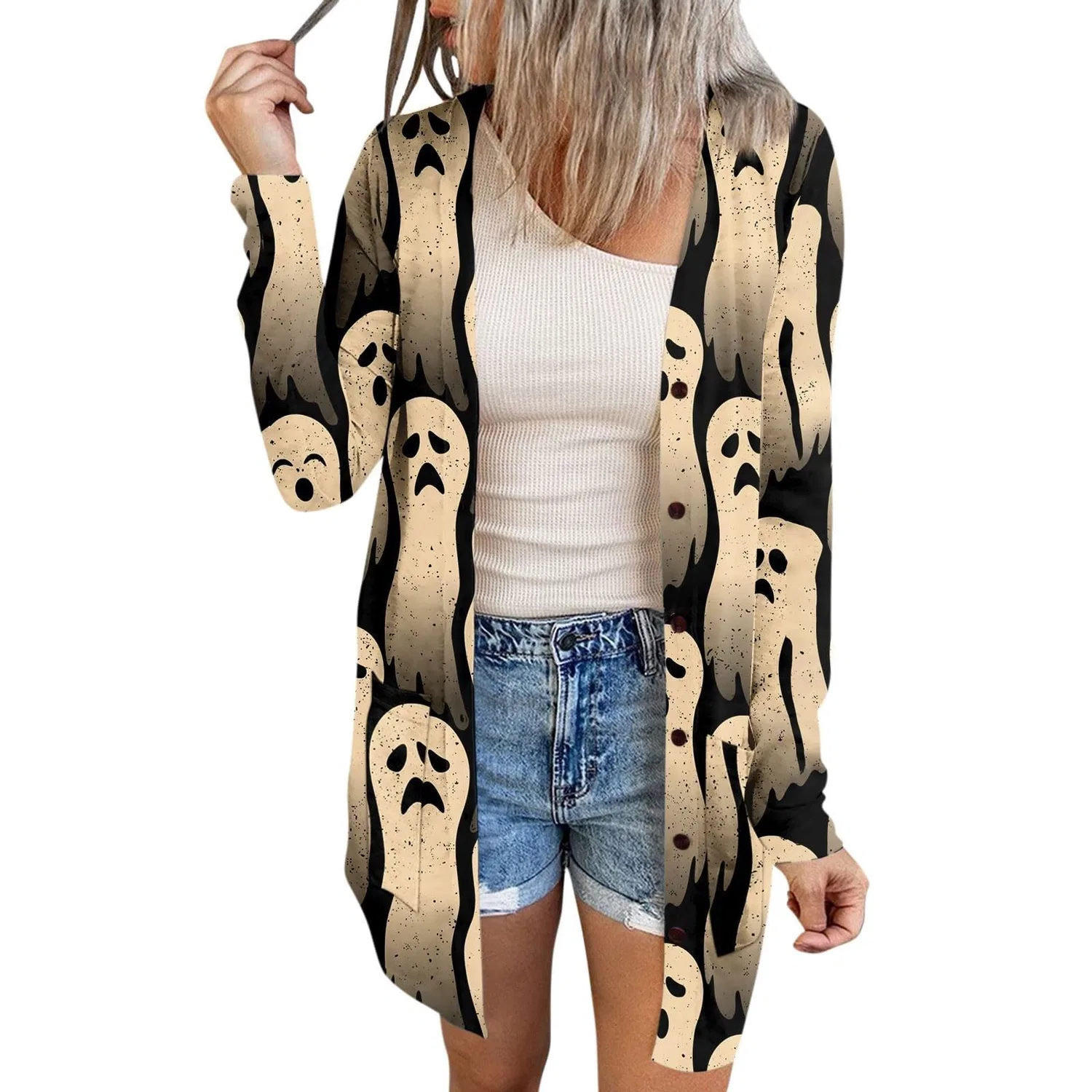 Женский кардиган с принтом Costume di Halloween, motivo zucca con pipistrello, 1-kaki — фото 2