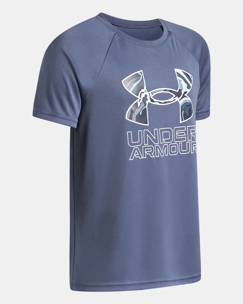 Футболка для мальчиков с коротким рукавом, влагоотводящая UA Tech Hybrid Print UnderArmour, Downpour Gray/White — фото 3