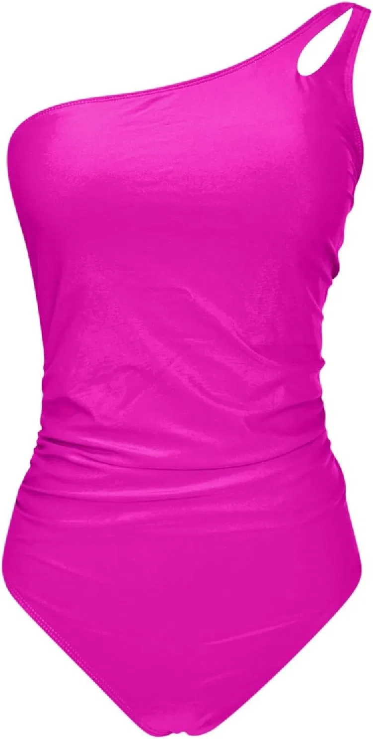 Женский цельный купальник с одним плечом и утяжкой живота, Hot Pink — фото 4