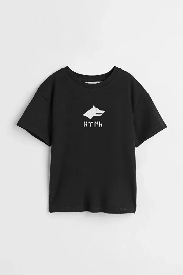 Детская футболка с принтом Turkish Bozkurt Göktürk Printed Design, Darkia, Black