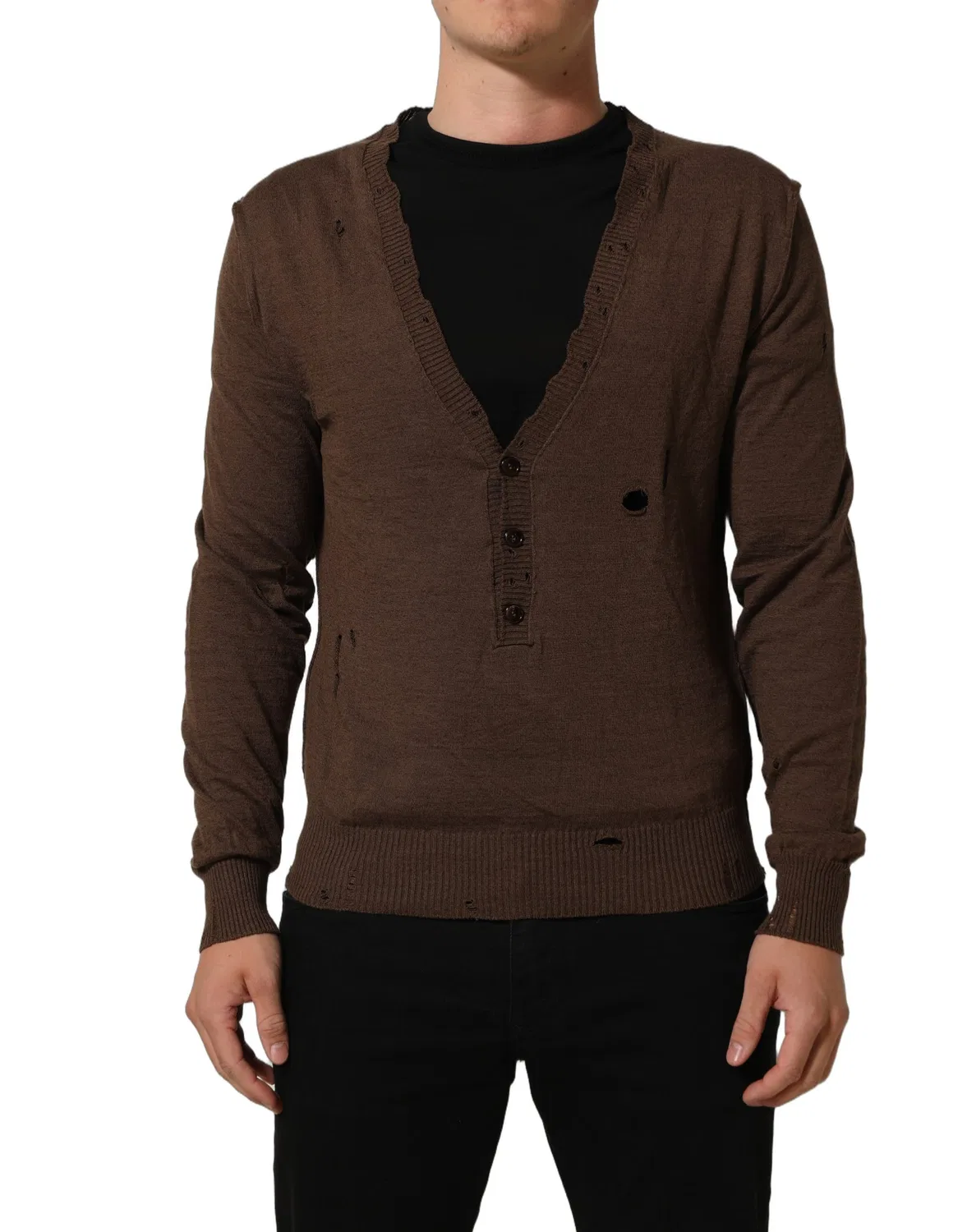 Мужской пуловер с V-образным вырезом и пуговицами Brown Flax Dolce & Gabbana, Brown — фото 2