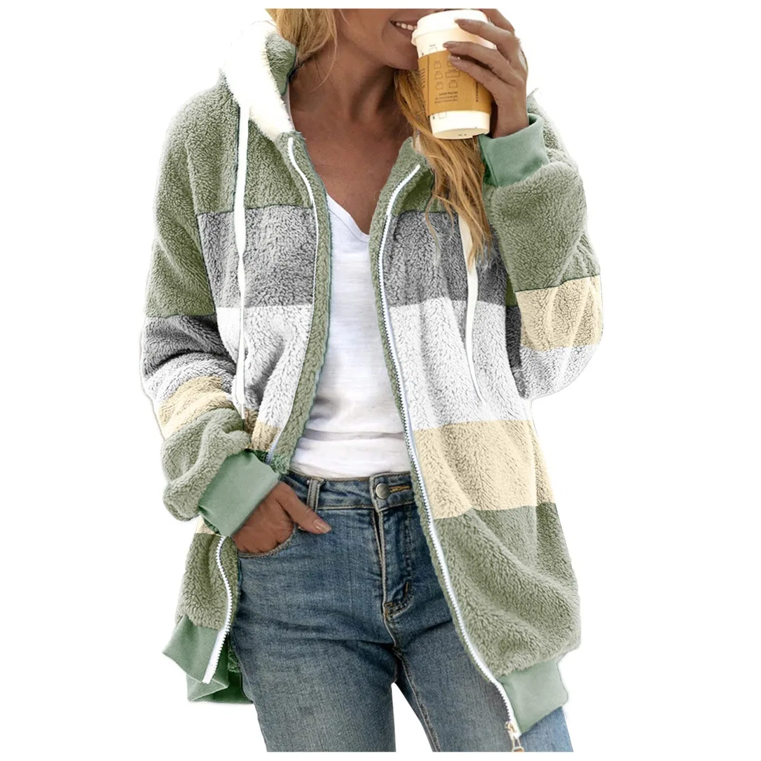 Женская флисовая куртка с капюшоном и длинным рукавом Teddy Two-Tone, green