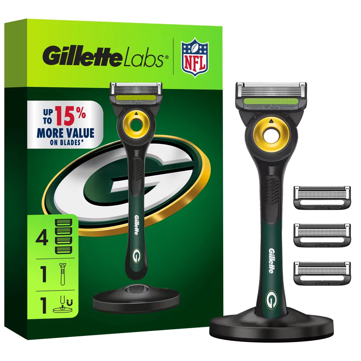 Бритвенный станок GilletteLabs NFL Special Edition Green Bay Packers с 4 сменными картриджами и магнитной подставкой Gillette