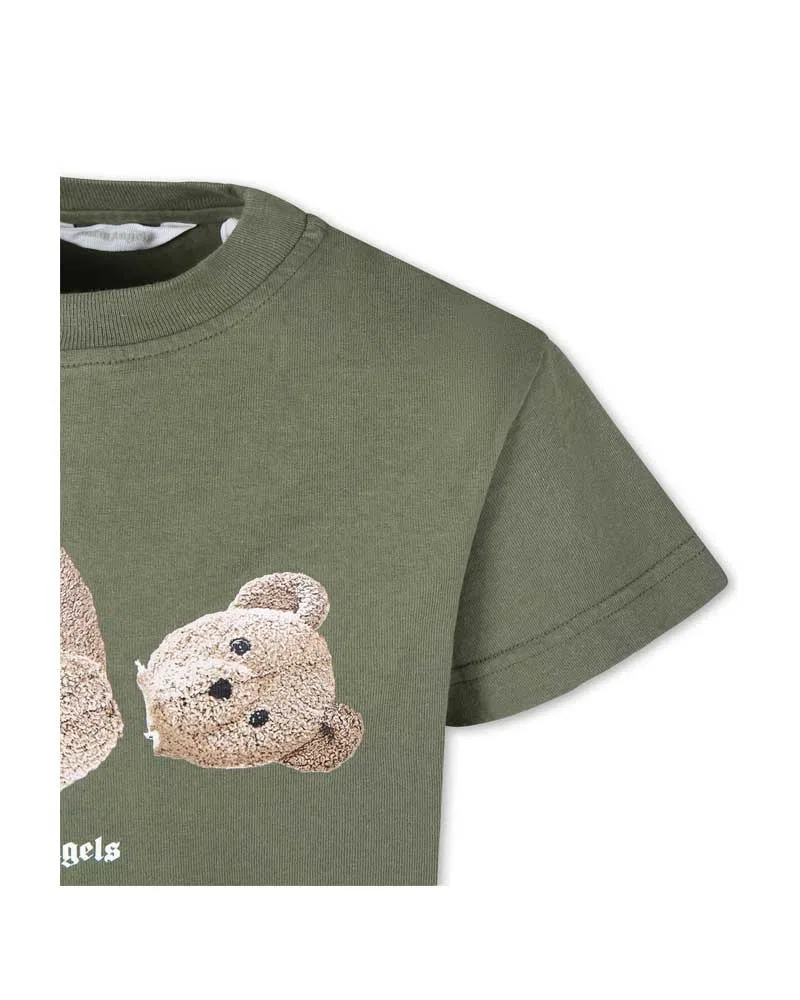 Футболка хлопковая с принтом Kids Teddy Bear Palm Angels, Military Green — фото 3