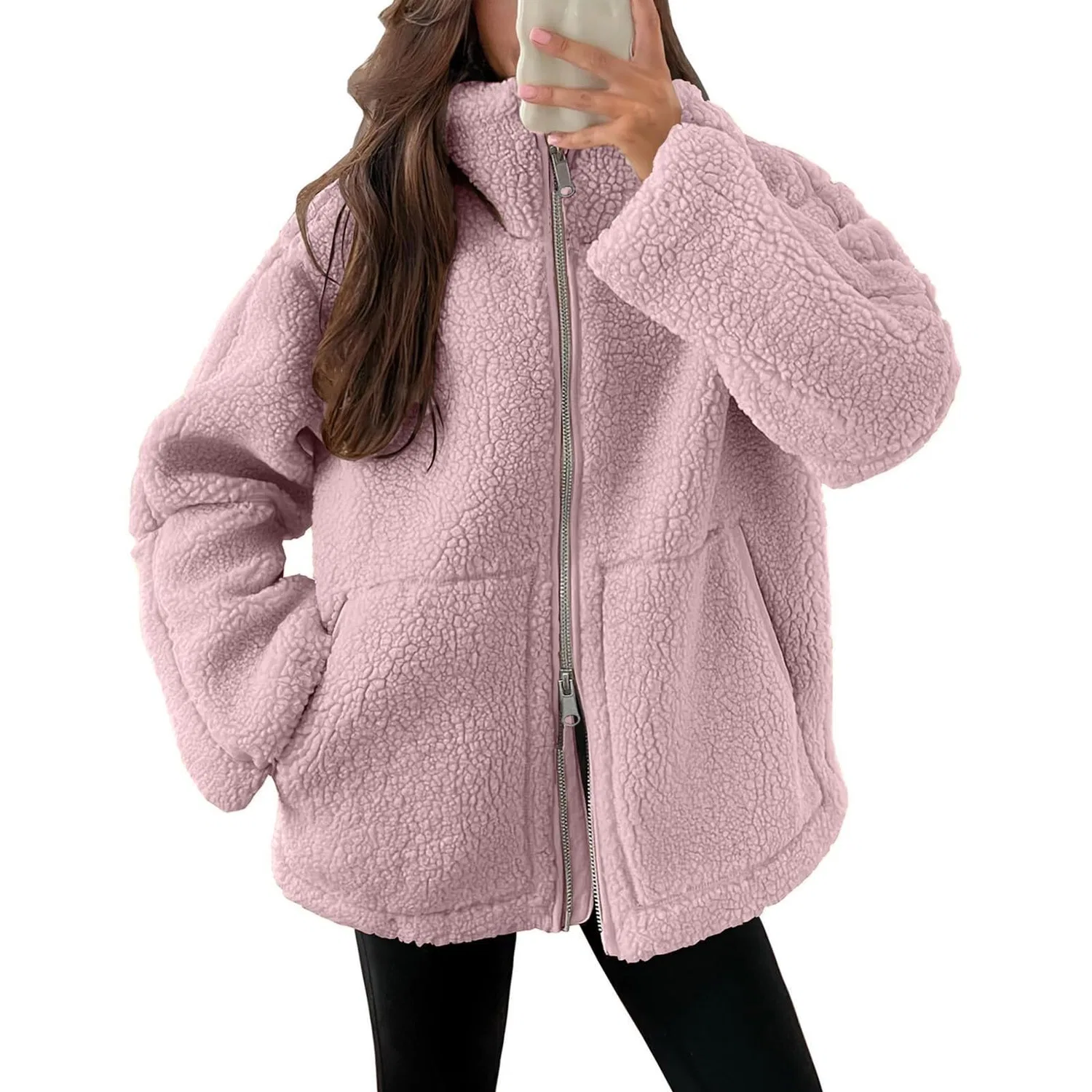 Женское зимнее пальто из флиса Sherpa с молнией, rosa — фото 2