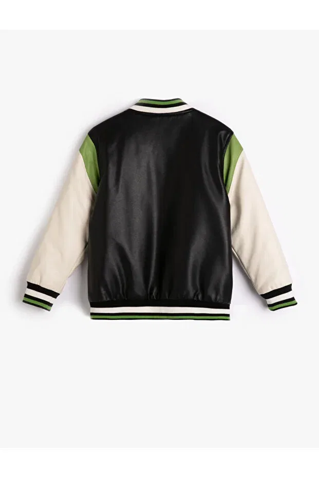 Детское пальто для девочек с принтом College jacket with leather look, applique and pocket details, snap button closure Koton, Black — фото 4