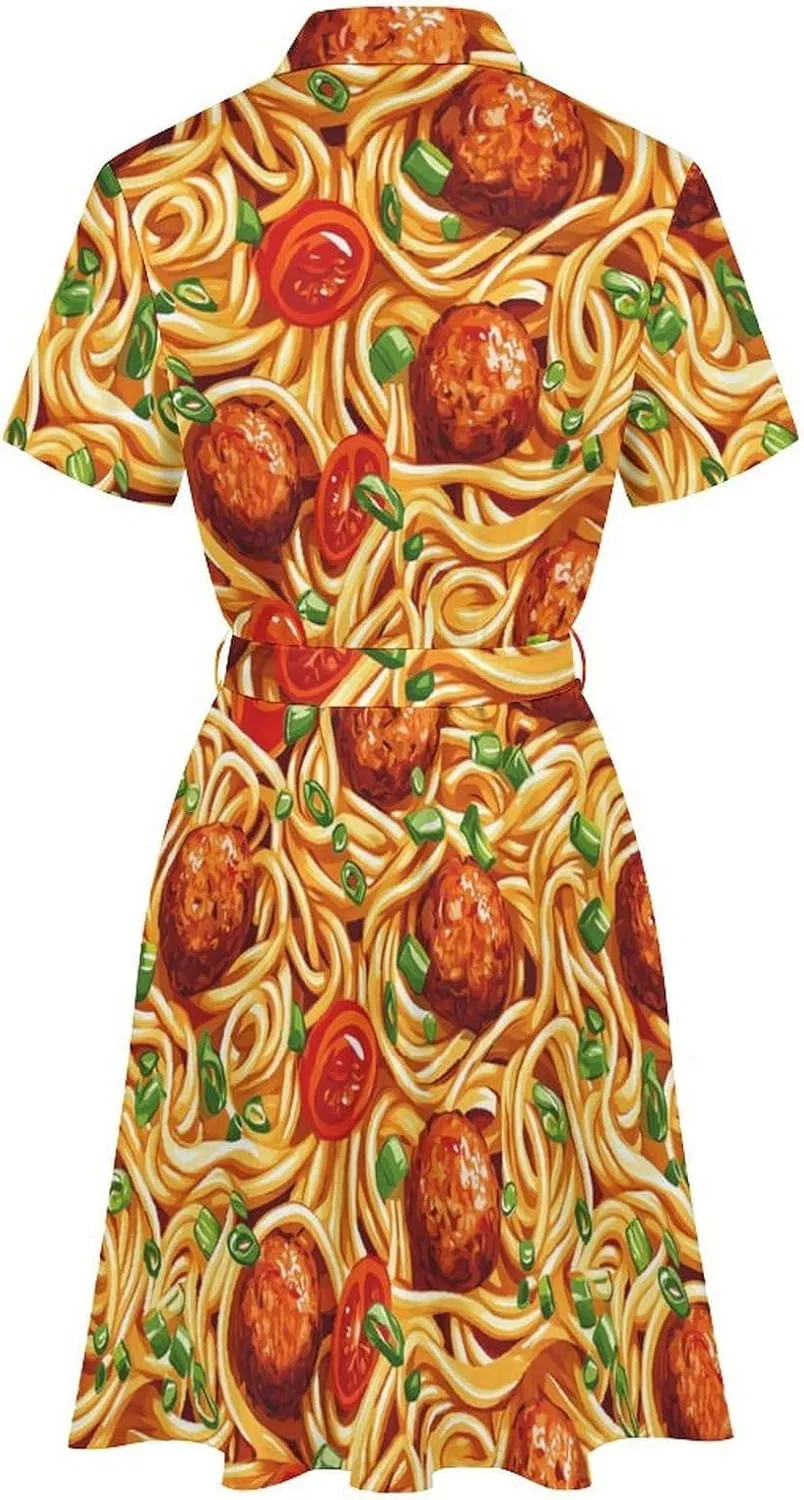Женское платье-рубашка с принтом, Italian Spaghetti Food Print, чёрный — фото 4