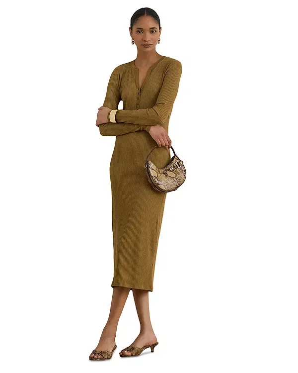 Женское платье с рифленым трикотажем Petites Ribbed Henley Midi Dress Ralph Lauren, Bronze