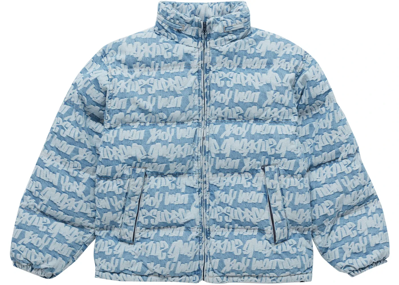 Мужская куртка-пуховик джинсовая с принтом Supreme Fat Tip Jacquard Denim Puffer Jacket, Blue