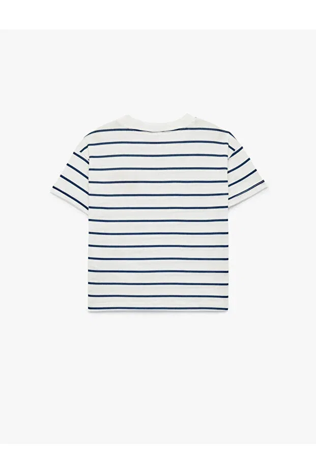 Детская футболка для девочек с принтом Cotton Crab Embroidery Detailed Koton, Ecru Striped — фото 2