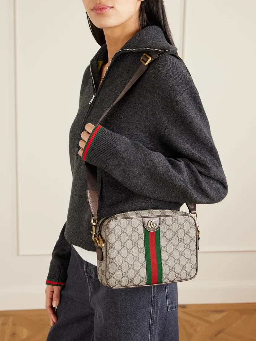 Сумка на плечо Ophidia из кожи и канвы с принтом и отделкой из тесьмы GUCCI, бежевый — фото 3