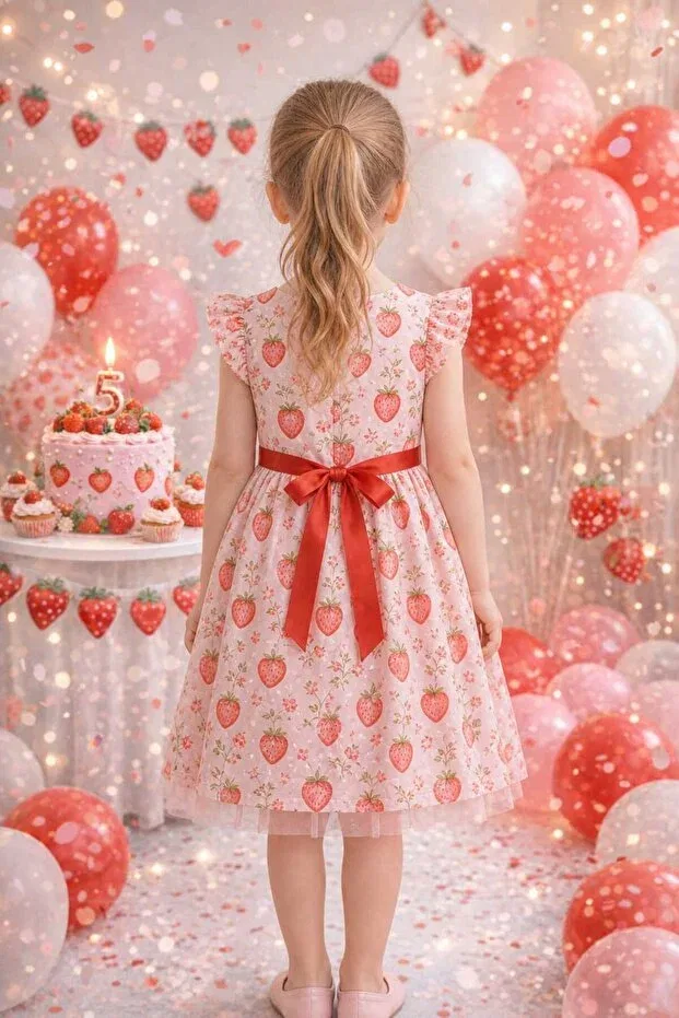 Детское платье для девочек с принтом Strawberry-Themed Neşeli Bebe, Strawberry Print — фото 4