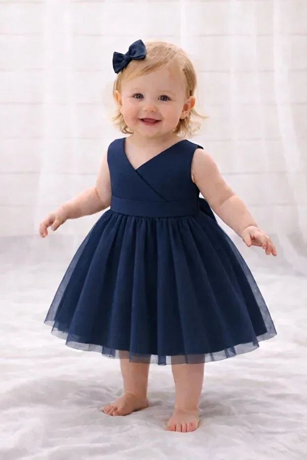 Детское платье для девочек из сатина с запахом Suneh, Navy Blue