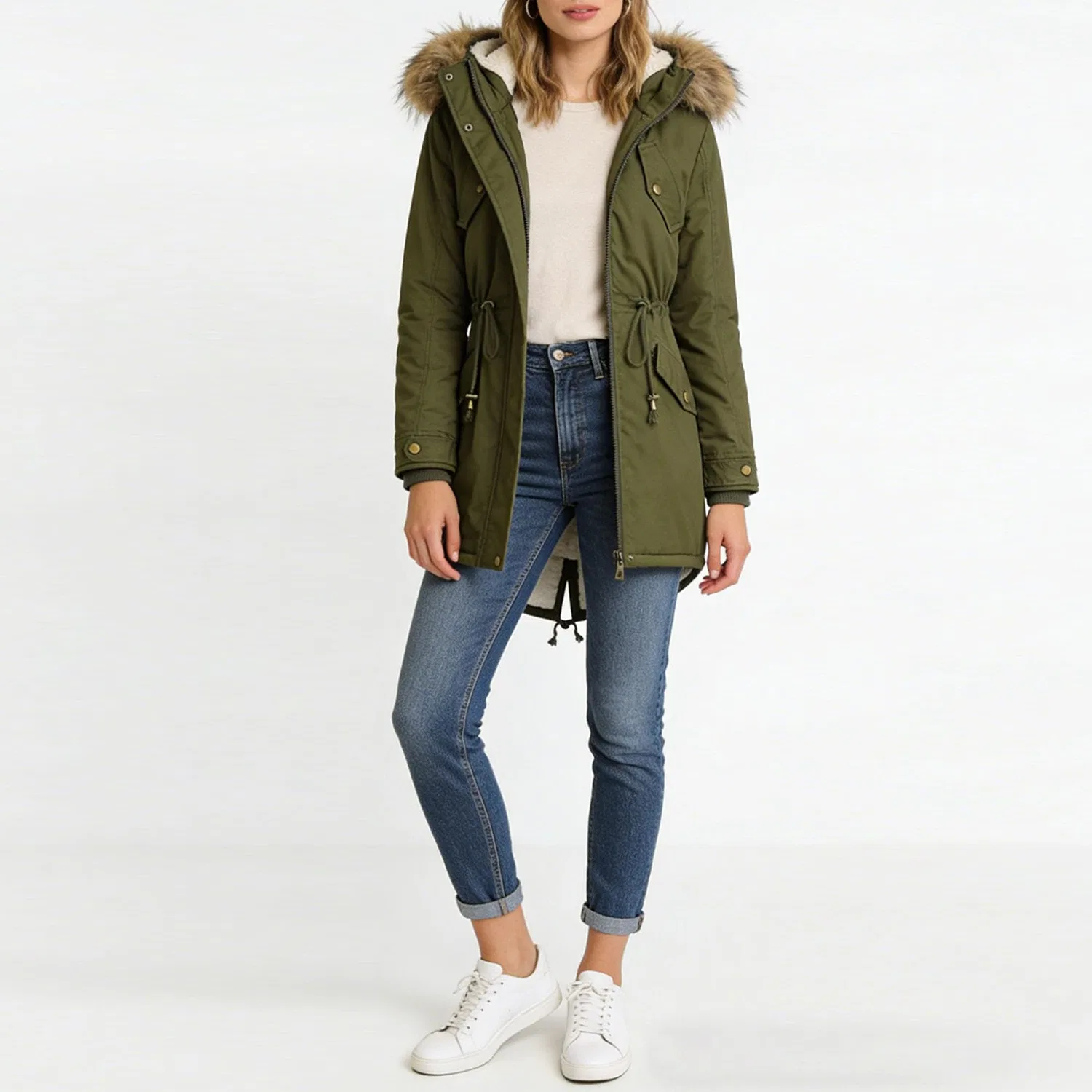 Женская зимняя куртка с капюшоном на флисовой подкладке, green — фото 2