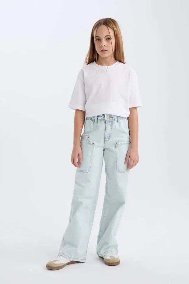 Детские брюки для девочек широкие с карго-карманами Paperbag cargo wide leg cotton trousers girls d7110a825sp Defacto, Blue-nm63 — фото 3