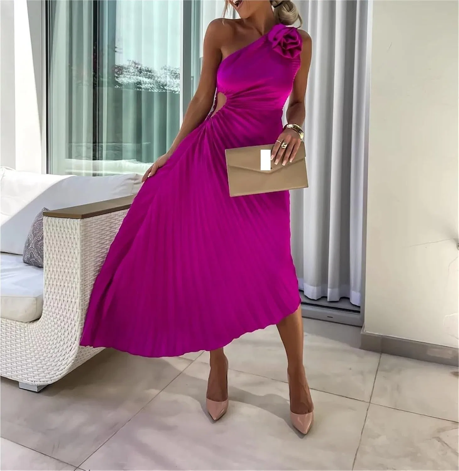 Женское коктейльное платье с одним плечом сатиновое, Purple — фото 4