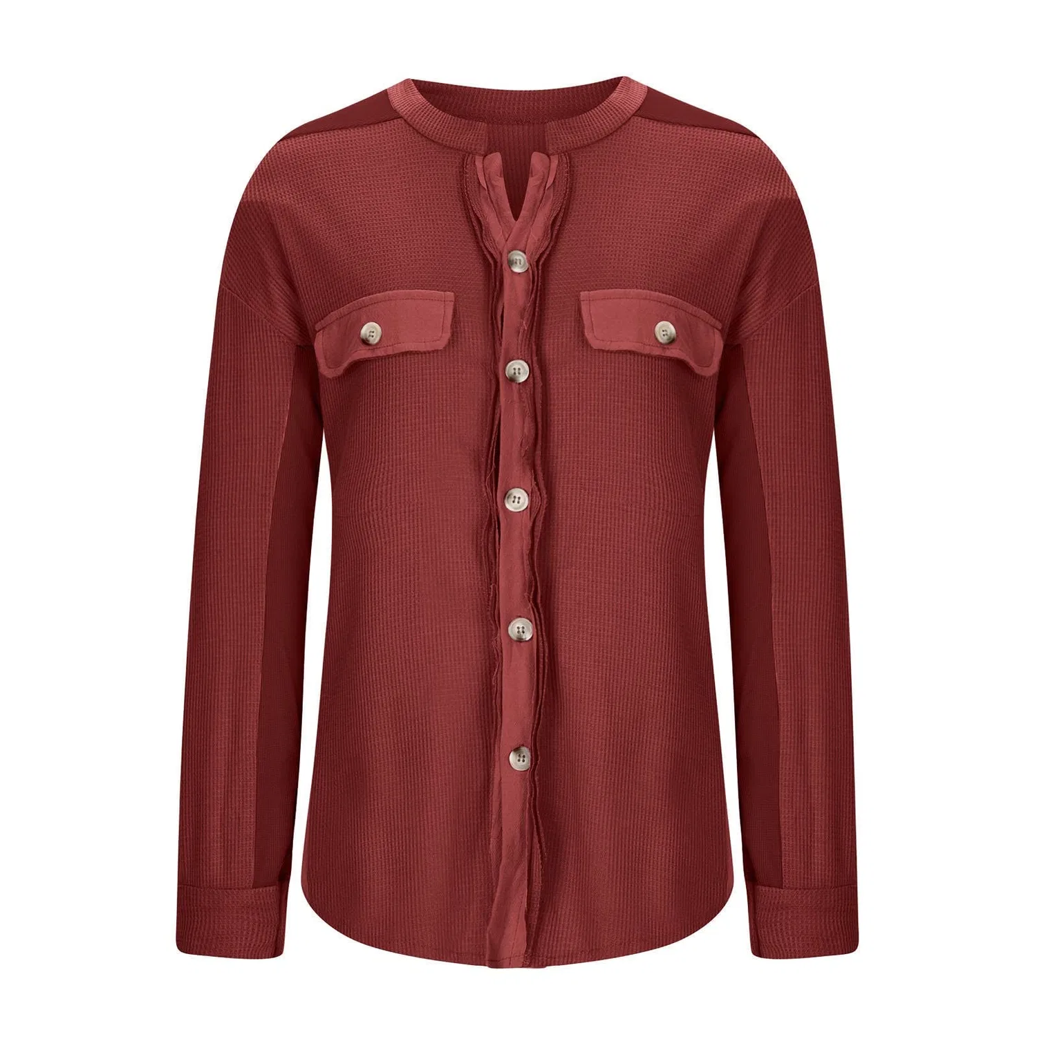 Женское пальто из мягкой ткани с карманами, модель Cappotto autunnale da donna in tessuto morbido con tasche reversibili casual, design moderno di splicing per un elegante irregolare, Rosso — фото 3