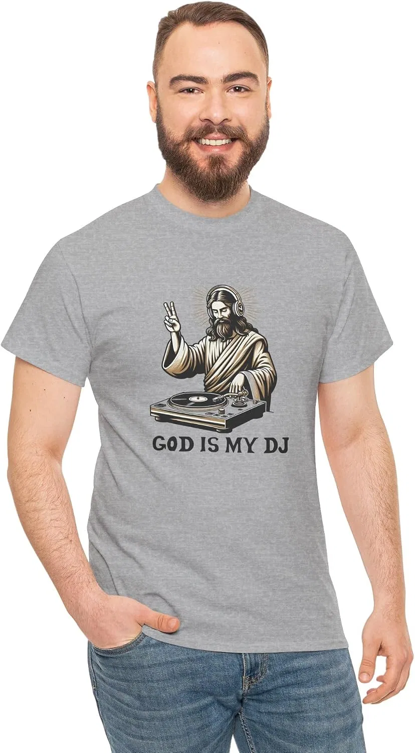 Мужская футболка с принтом God is My DJ, хлопковая, серый меланж — фото 4