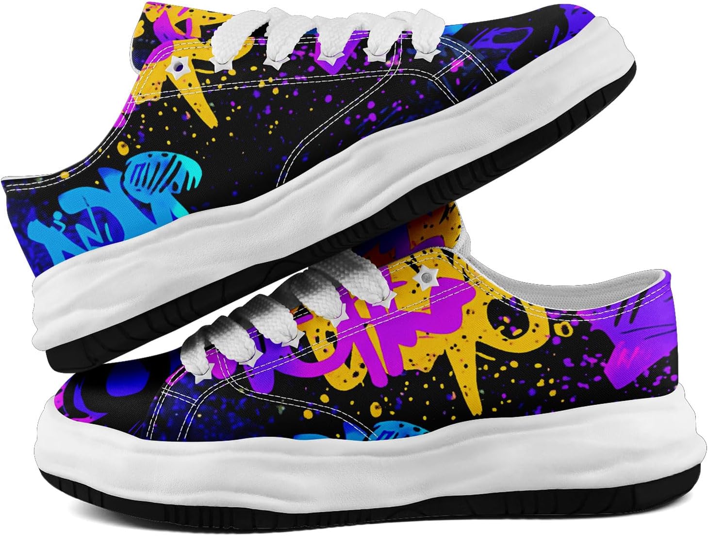 Мужские кроссовки coolcustomize из холщовой ткани с граффити, цветные повседневные низкие кеды на шнуровке для женщин с абстрактным уличным арт-дизайном, желтый — фото 4