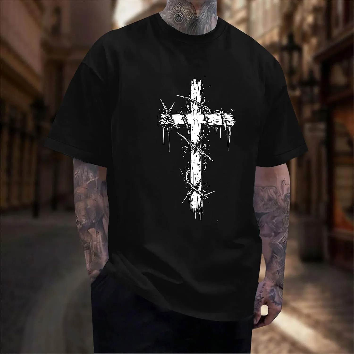 Мужская футболка с принтом креста, Regular Fit, Black — фото 2