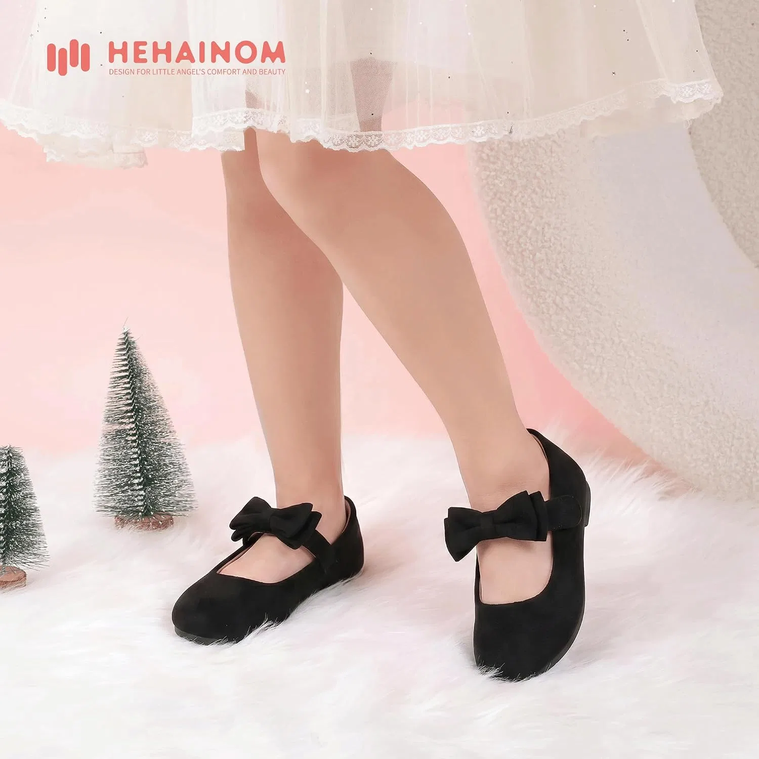 Детские балетки для девочек с цветочным принтом Hehainom, Black Suede — фото 2