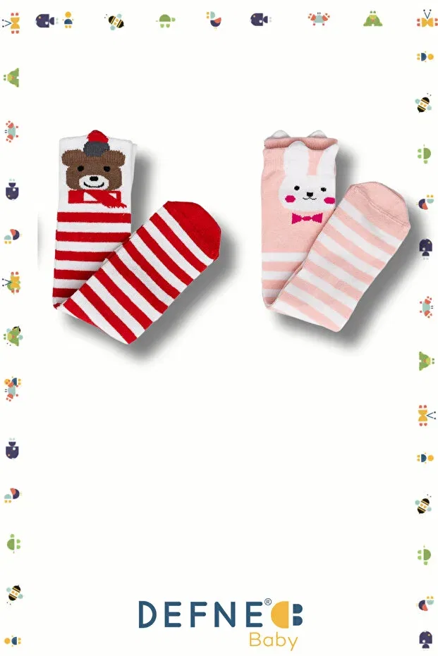 Детские носки для девочек с принтом 2 пары Defne Baby, Pink-White