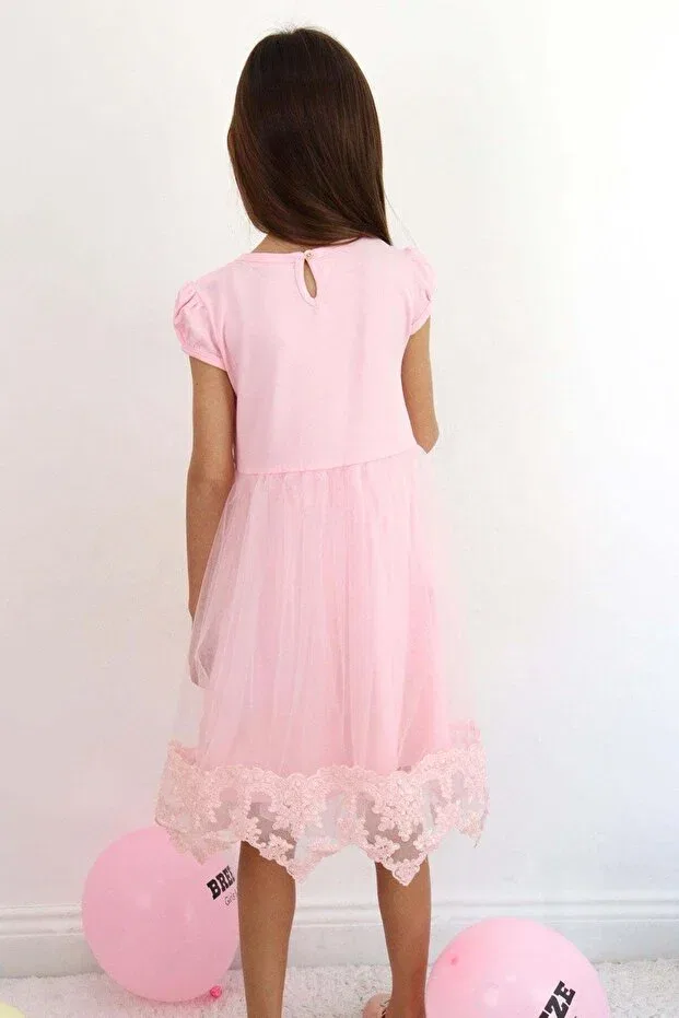 Детское платье для девочек с принтом Vintage Lace Detailed Tulle Floral Patterned Dress Breeze, Pink — фото 4