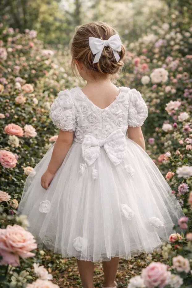 Детское платье для девочек с принтом Rose embossed tulle piece style white children's evening dress aby251 Abiyekids, White