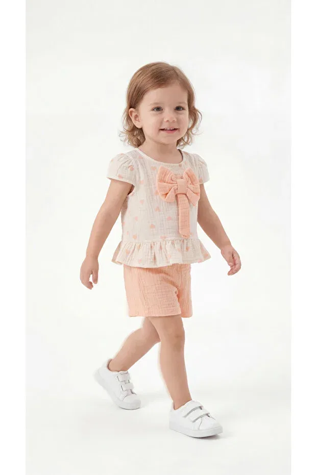 Детский комплект для девочек с принтом Heart Patterned Bowknot Mışıl Kids, Salmon — фото 3